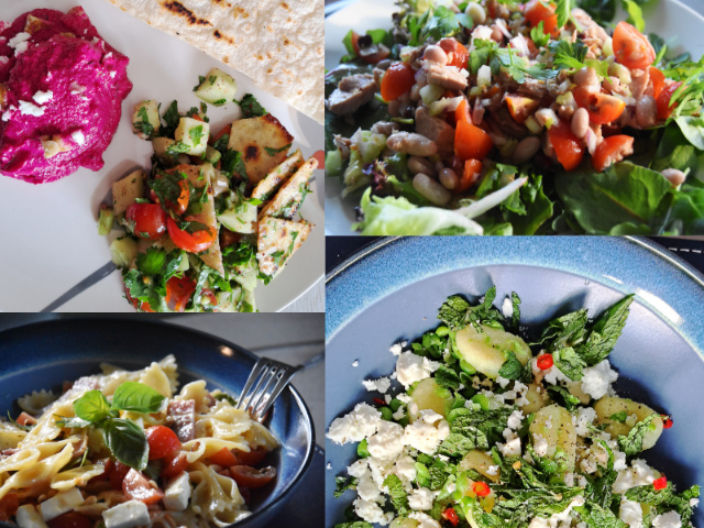 clockwise from bottom left: Feta, Pine Nut & Bacon; Beetroot Borani & Fattoush; Tuna Bean; Fried Gnocci with Feta & Peas